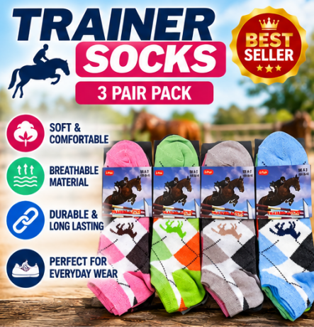 3 Pairs Women’s Equestrian Trainer Socks UK 4–7 – Cotton Rich Horse Argyle Ankle Socks | Riding, Casual & Everyday Socks – Assorted Colours