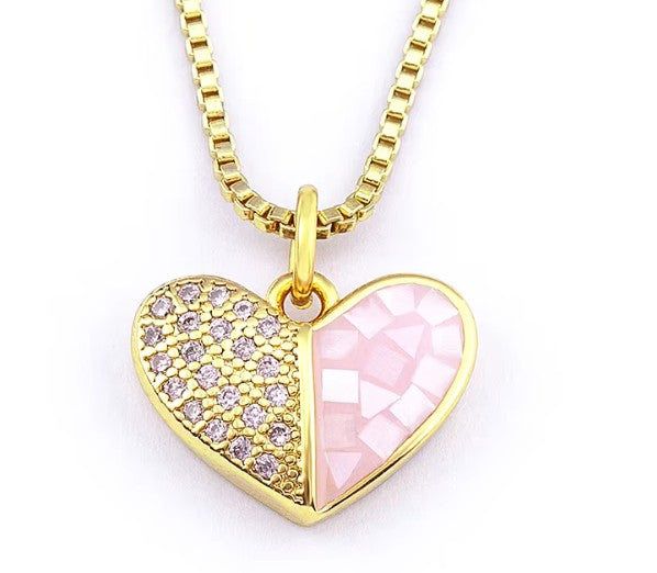 Heart Pendant Necklace for Women Pink Shell Crystal Zircon Gold Plated Romantic Jewelry Adjustable Chain Wedding Gift for Her Elegant Fashion Necklace