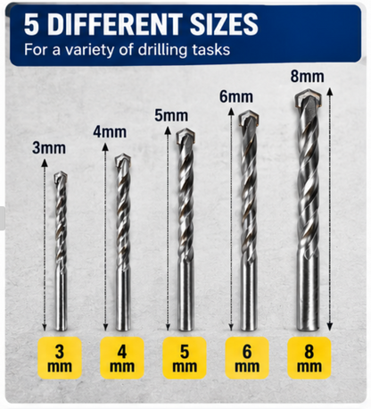 5PC Masonry Drill Bit Set 3mm 4mm 5mm 6mm 8mm – Carbide Tip Drill Bits for Brick, Concrete, Stone & Block | DIY & Home Improvement