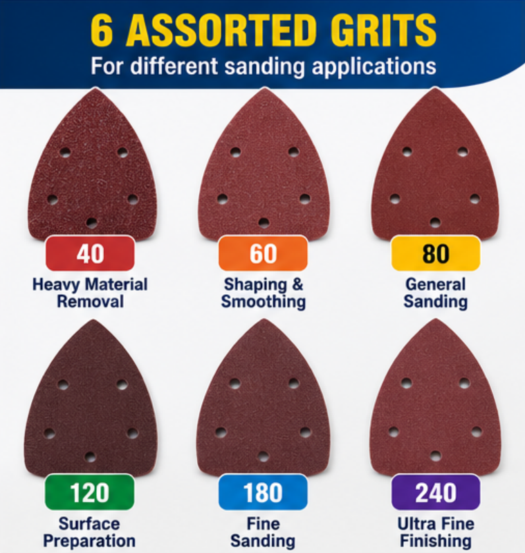 6PC Assorted Palm Sander Pads 140x90mm – 40 60 80 120 180 240 Grit Sanding Sheets, Pre-Punched Sandpaper for Wood, Metal, Plastic, Paint, DIY