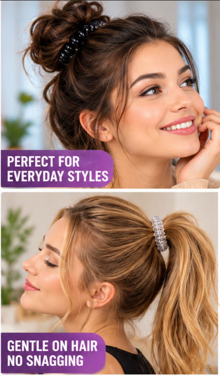 8 Pack Spiral Hair Ties – Black & Clear Coil Hair Bands, No-Crease Style Ponytail Holders for Buns, Ponytails, Everyday Hair Styling & Travel