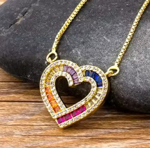 Rainbow Necklace for Women Multicolor Cubic Zirconia Round Pendant Necklace Gold Plated Charm Jewelry Adjustable Long Chain Birthday Party Gift