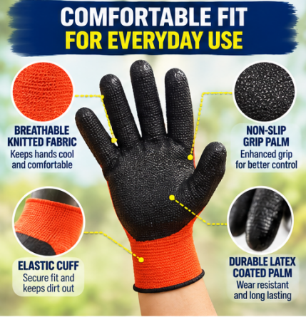 Multi-Purpose Outdoor Work Gloves – Breathable Non-Slip Grip Gardening & DIY Gloves | Latex Coated Palm, Orange or Blue