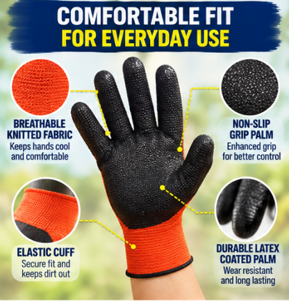 Multi-Purpose Outdoor Work Gloves – Breathable Non-Slip Grip Gardening & DIY Gloves | Latex Coated Palm, Orange or Blue