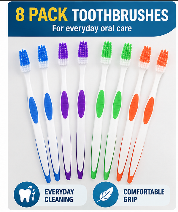 8 Pack Toothbrushes – Assorted Colour Manual Toothbrush Value Pack with Comfortable Grip | Everyday Oral Care & Family Dental Hygiene