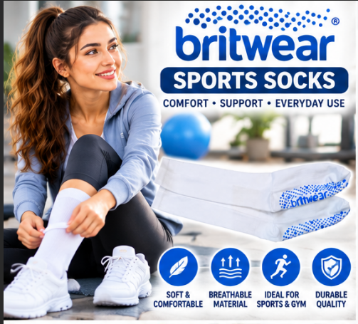 Britwear White Grip Socks UK 4–7 – Non-Slip Sole Everyday Socks | Ladies Sports, Yoga, Pilates, Gym & Home Socks – 1 Pair
