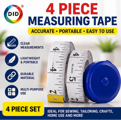 4 Piece Measuring Tape Set – Flexible Sewing Tape Measures with Retractable Tape for Tailoring, Dressmaking, Crafts & Body Measurements