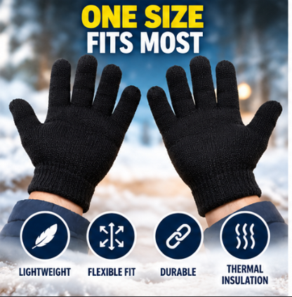 Black Thermal Gloves One Size – Warm Soft Knitted Winter Gloves for Men & Women | Everyday, Walking, Driving, Outdoor & Cold Weather Use