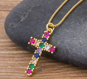Rainbow Necklace for Women Multicolor Cubic Zirconia Round Pendant Necklace Gold Plated Charm Jewelry Adjustable Long Chain Birthday Party Gift
