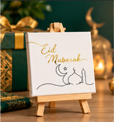 Eid Mubarak Mini Canvas with Wooden Easel – Islamic Eid Gift & Home Décor