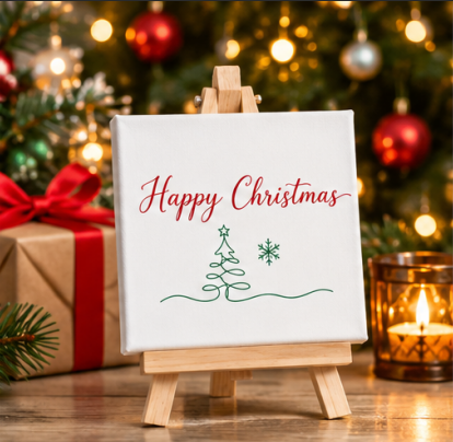 Happy Christmas Mini Canvas with Wooden Easel – Christmas Gift & Festive Home Décor