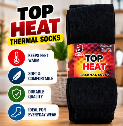 3 Pairs Men’s Thermal Socks UK 6–11 / EU 39–45 – Top Heat Warm Black Winter Socks | Soft Cosy Everyday Work, Walking & Cold Weather Socks