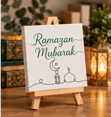 Ramazan Mubarak Mini Canvas with Wooden Easel – Ramadan Islamic Gift & Home Décor