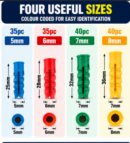 150PC Wall Plugs Assortment – 5mm, 6mm, 7mm & 8mm Colour Coded Plastic Wall Anchors for Screws, Shelves, Pictures, Curtain Rails & DIY Fixings