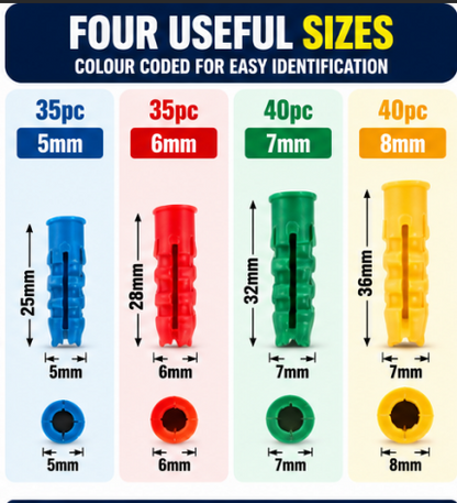 150PC Wall Plugs Assortment – 5mm, 6mm, 7mm & 8mm Colour Coded Plastic Wall Anchors for Screws, Shelves, Pictures, Curtain Rails & DIY Fixings