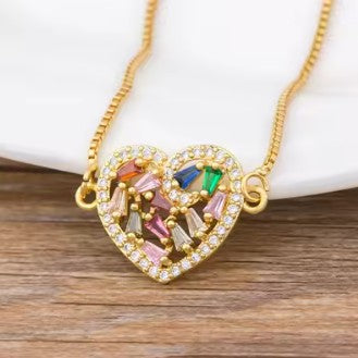 Heart Pendant Necklace for Women Rainbow Crystal Zircon Gold Plated CZ Necklace Romantic Heart Charm Jewelry Adjustable Chain Wedding Party Gift