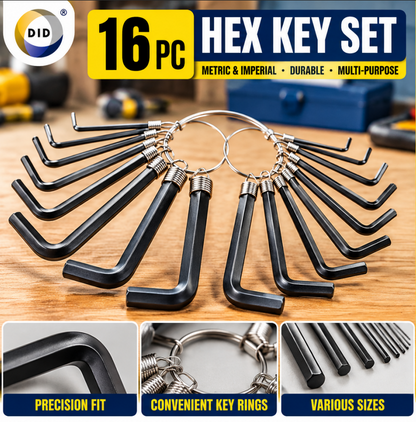 16PC Hex Key Set – Metric & Imperial Allen Keys on Storage Rings | Assorted L-Shaped Hex Wrench Set for Furniture, Bikes, Machinery, Automotive & DIY
