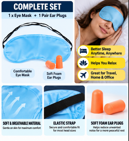 Travel Eye Mask & Ear Plugs Set – Lightweight Sleep Mask with Soft Foam Earplugs for Flights, Holidays, Home, Hotels & Travel