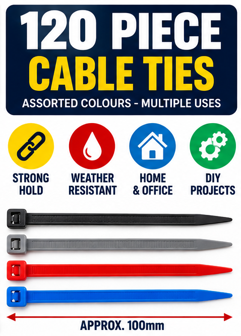 120PC Assorted Colour Cable Ties – 100mm Nylon Zip Ties in Black, Grey, Red & Blue | Strong Cable Management Ties for Home, Office, Garden & DIY