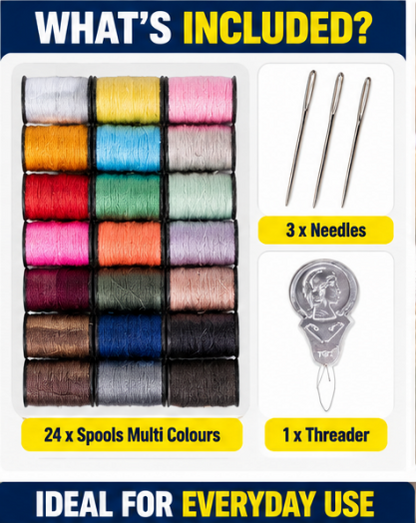 28 Piece Sewing Kit – 24 Assorted Colour Thread Spools, 3 Hand Sewing Needles & Needle Threader | Compact Sewing Repair Set for Clothes, Crafts, Home & Travel
