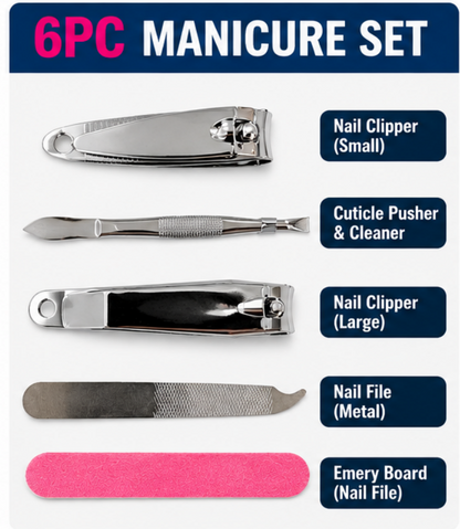 6PC Manicure Set – Nail Clippers, Cuticle Tool, Metal Nail File & Emery Board | Manicure Pedicure Nail Care Kit for Home & Travel
