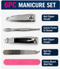 6PC Manicure Set – Nail Clippers, Cuticle Tool, Metal Nail File & Emery Board | Manicure Pedicure Nail Care Kit for Home & Travel