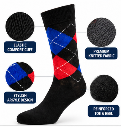 Men’s Argyle Fashion Socks UK 6–11 – Smart Casual Diamond Pattern Dress Socks | Soft Everyday Office & Formal Socks – Assorted Colour – 1 Pair