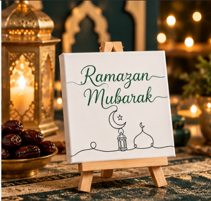 Ramazan Mubarak Mini Canvas with Wooden Easel – Ramadan Islamic Gift & Home Décor