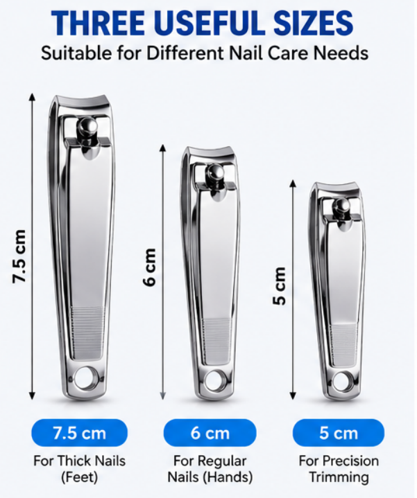 3PC Nail Clippers Set – Stainless Steel Fingernail & Toenail Clippers, 5cm 6cm 7.5cm Manicure Pedicure Nail Care Kit for Hands & Feet