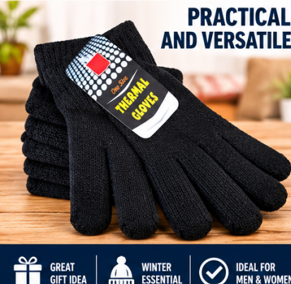 Black Thermal Gloves One Size – Warm Soft Knitted Winter Gloves for Men & Women | Everyday, Walking, Driving, Outdoor & Cold Weather Use