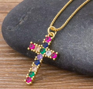 Rainbow Necklace for Women Multicolor Cubic Zirconia Round Pendant Necklace Gold Plated Charm Jewelry Adjustable Long Chain Birthday Party Gift