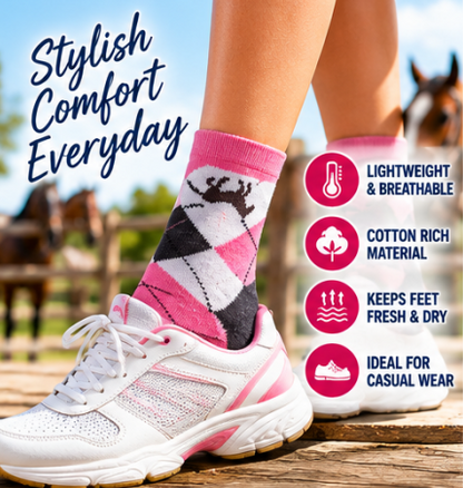 3 Pairs Women’s Equestrian Trainer Socks UK 4–7 – Cotton Rich Horse Argyle Ankle Socks | Riding, Casual & Everyday Socks – Assorted Colours