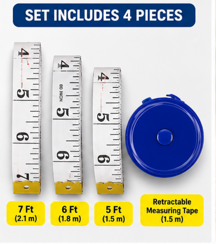 4 Piece Measuring Tape Set – Flexible Sewing Tape Measures with Retractable Tape for Tailoring, Dressmaking, Crafts & Body Measurements