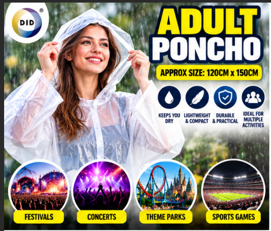 Adult Waterproof Rain Poncho 120 x 150cm – Lightweight Hooded Emergency Rain Cover for Festivals, Concerts, Theme Parks, Sports, Travel & Outdoor Events