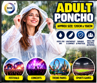Adult Waterproof Rain Poncho 120 x 150cm – Lightweight Hooded Emergency Rain Cover for Festivals, Concerts, Theme Parks, Sports, Travel & Outdoor Events