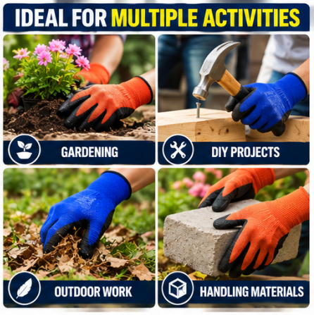 Multi-Purpose Outdoor Work Gloves – Breathable Non-Slip Grip Gardening & DIY Gloves | Latex Coated Palm, Orange or Blue