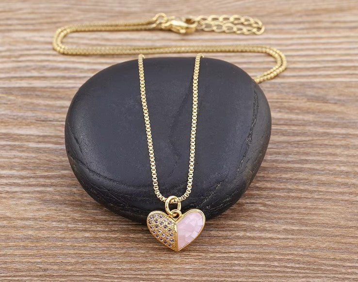 Heart Pendant Necklace for Women Pink Shell Crystal Zircon Gold Plated Romantic Jewelry Adjustable Chain Wedding Gift for Her Elegant Fashion Necklace