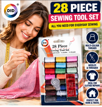 28 Piece Sewing Kit – 24 Assorted Colour Thread Spools, 3 Hand Sewing Needles & Needle Threader | Compact Sewing Repair Set for Clothes, Crafts, Home & Travel