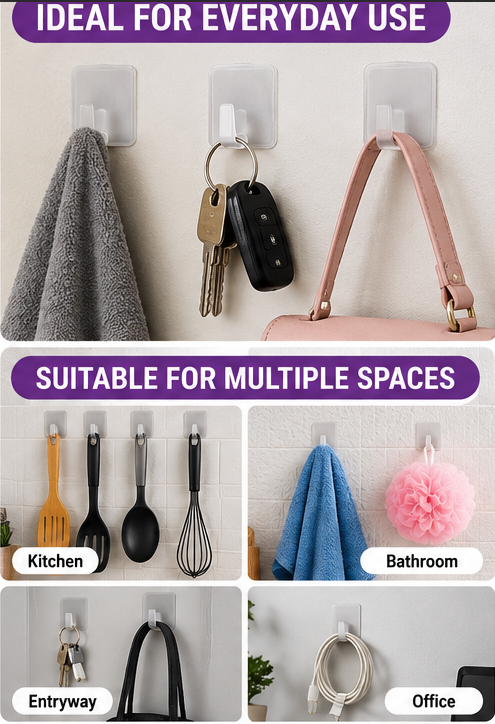 12 Pack Self Adhesive Wall Hooks – Strong Stick-On Hooks 2.7 x 3.5cm, No Drill Hanging Hooks for Kitchen, Bathroom, Bedroom, Office & Home Organisation