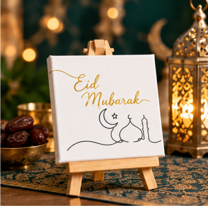 Eid Mubarak Mini Canvas with Wooden Easel – Islamic Eid Gift & Home Décor