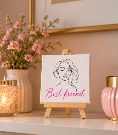 Best Friend Mini Canvas Art with Wooden Easel – Handmade Friendship Gift & Desk Décor