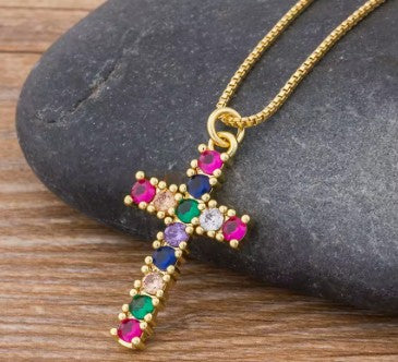 Rainbow Necklace for Women Multicolor Cubic Zirconia Round Pendant Necklace Gold Plated Charm Jewelry Adjustable Long Chain Birthday Party Gift