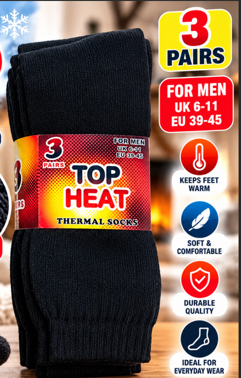 3 Pairs Men’s Thermal Socks UK 6–11 / EU 39–45 – Top Heat Warm Black Winter Socks | Soft Cosy Everyday Work, Walking & Cold Weather Socks