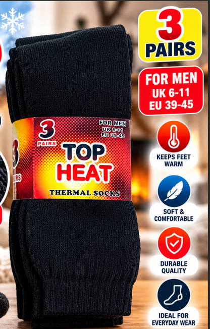 3 Pairs Men’s Thermal Socks UK 6–11 / EU 39–45 – Top Heat Warm Black Winter Socks | Soft Cosy Everyday Work, Walking & Cold Weather Socks