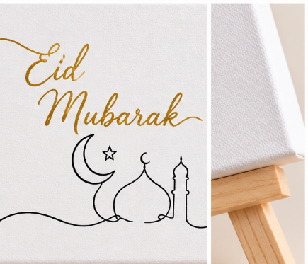 Eid Mubarak Mini Canvas with Wooden Easel – Islamic Eid Gift & Home Décor