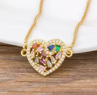 Heart Pendant Necklace for Women Rainbow Crystal Zircon Gold Plated CZ Necklace Romantic Heart Charm Jewelry Adjustable Chain Wedding Party Gift