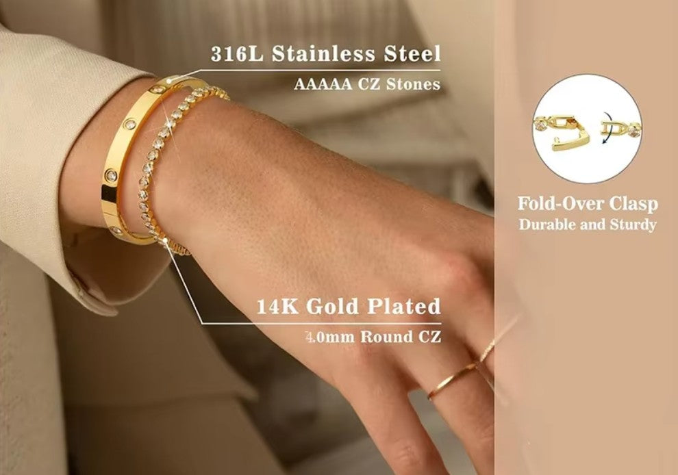 Stackable Gold Bracelet Set for Women 14K Gold Plated Tennis Bracelet & Bangle Stainless Steel Cubic Zirconia CZ Bracelet Jewelry Gift for Her
