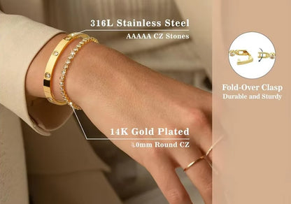 Stackable Gold Bracelet Set for Women 14K Gold Plated Tennis Bracelet & Bangle Stainless Steel Cubic Zirconia CZ Bracelet Jewelry Gift for Her