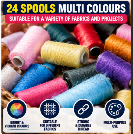 28 Piece Sewing Kit – 24 Assorted Colour Thread Spools, 3 Hand Sewing Needles & Needle Threader | Compact Sewing Repair Set for Clothes, Crafts, Home & Travel