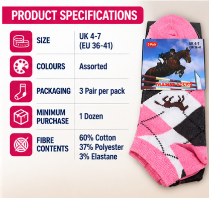 3 Pairs Women’s Equestrian Trainer Socks UK 4–7 – Cotton Rich Horse Argyle Ankle Socks | Riding, Casual & Everyday Socks – Assorted Colours